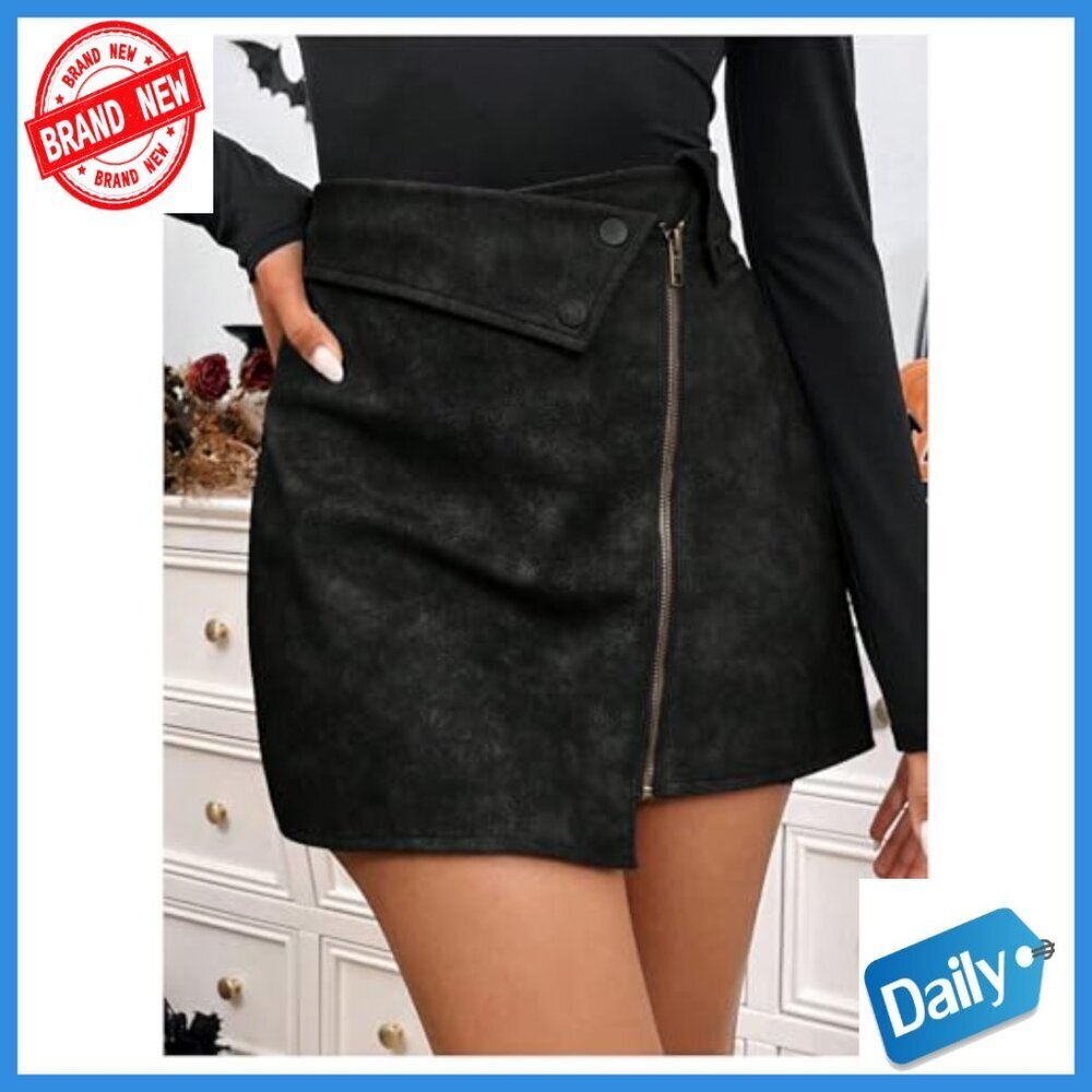 Vintage PU Leather Mini Skirt High Waist Asymmetrical Hem Zipper Up - Picture 3 of 5